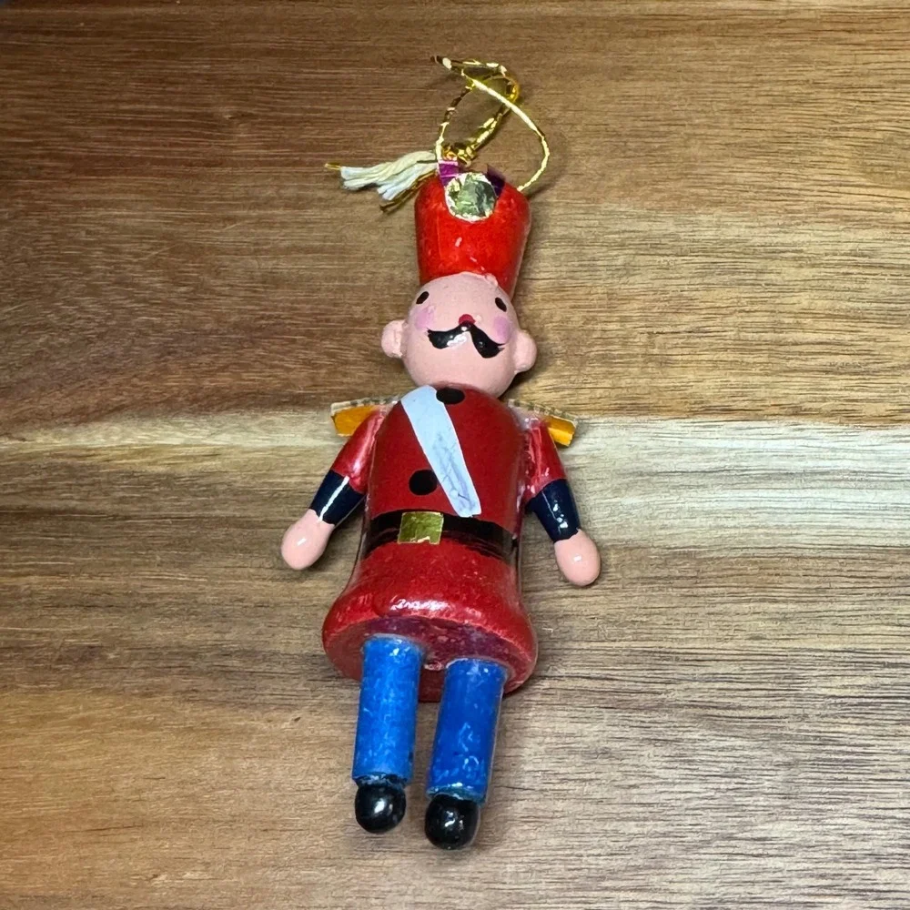 Vintage Wooden Toy Soldier Christmas Ornament Red Uniform Hand Painted 3.5 Inch